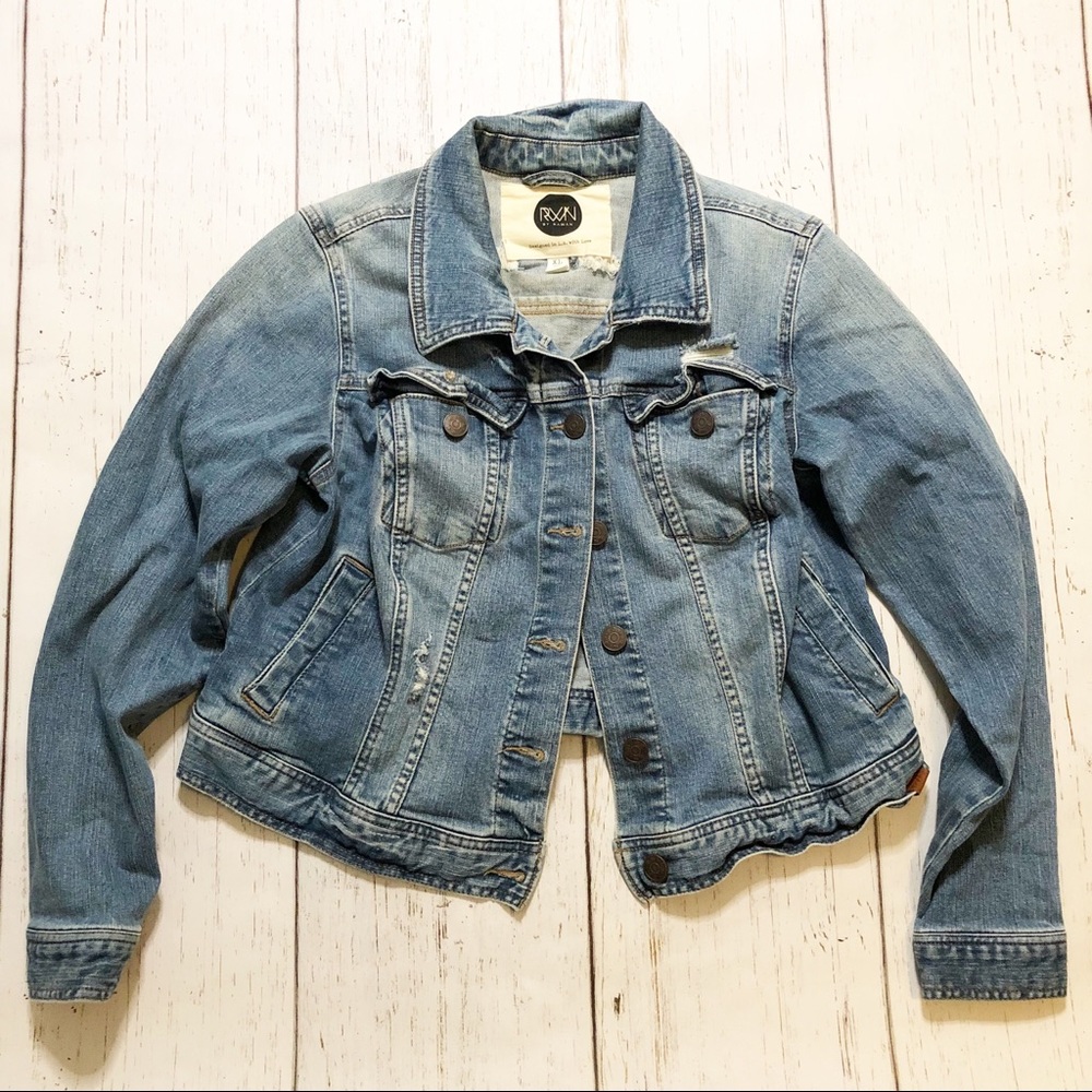 RWN by Rawan blue denim jacket distressed worn long sleeve button down XL